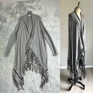 CAbi Prairie Wrap Open Front Cardigan Sweater Medium Fringe Gray Duster Poncho